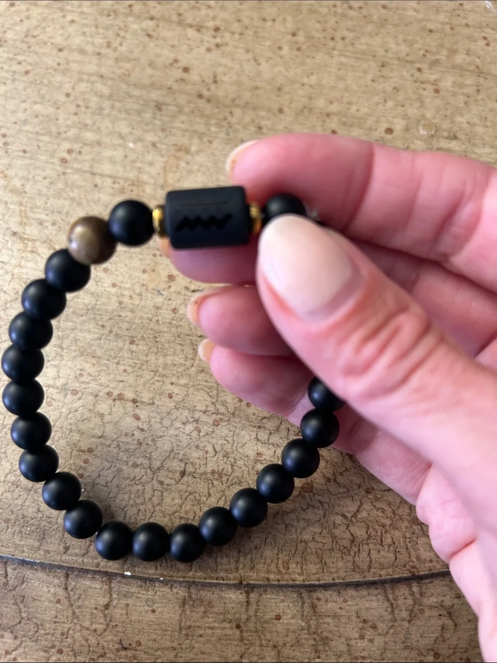 Matte Black Beaded Men's Stretch Bracelet with Brown Accent